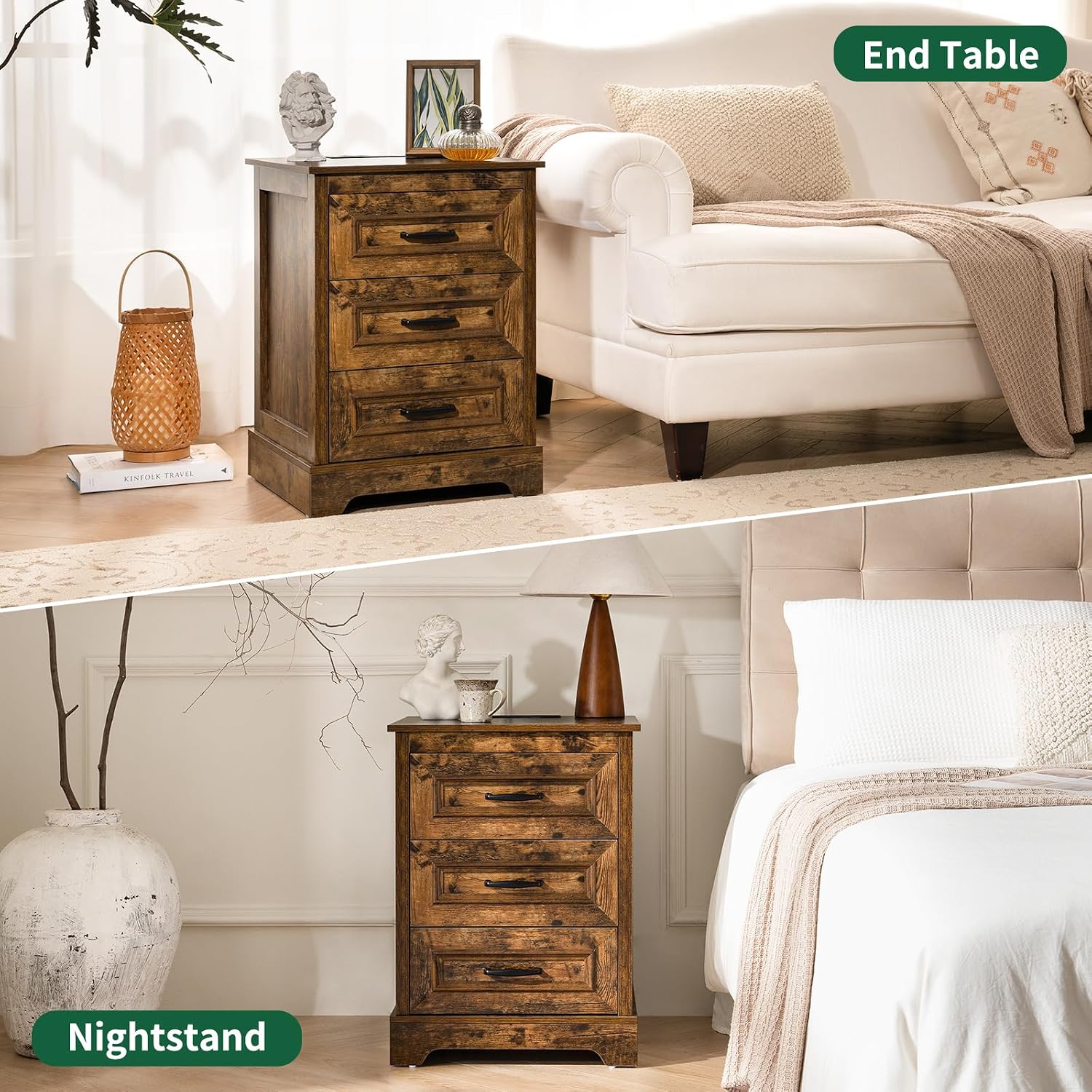 Farmhouse Nightstand with Charging Station- Wood Night Stand Set 2, 3 Drawer Nightstands Set of 2, Bedside Table with Storage, Rustic Night Stands for Bedroom, Closet, 18' Wide, 24' Tall