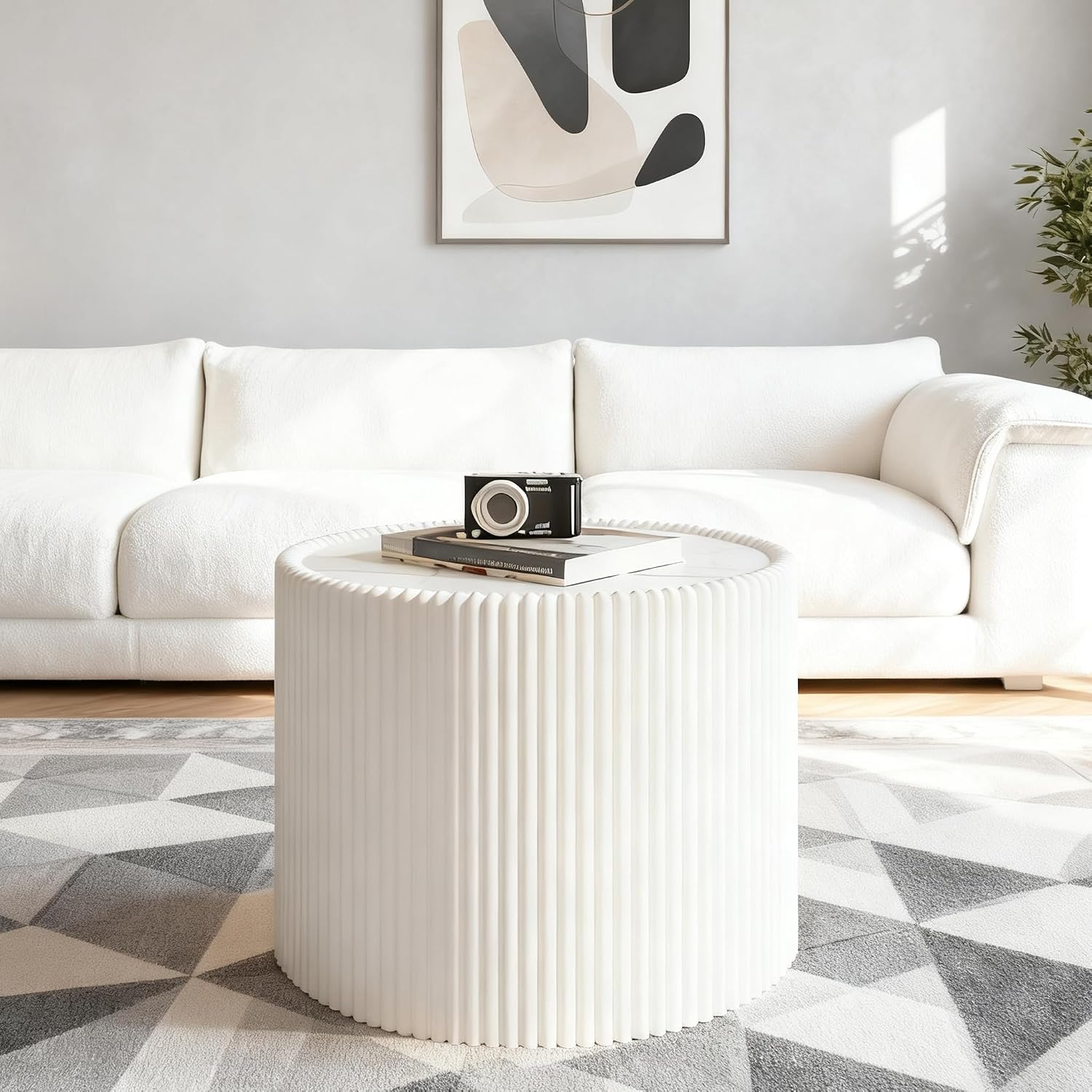 17.71' White Round Coffee Table, Drum Coffee Table with Sintered Stone Tabletop and Fluted PU Leather Covered and Stable Base, Circle Cocktail Tea Table for Living Room