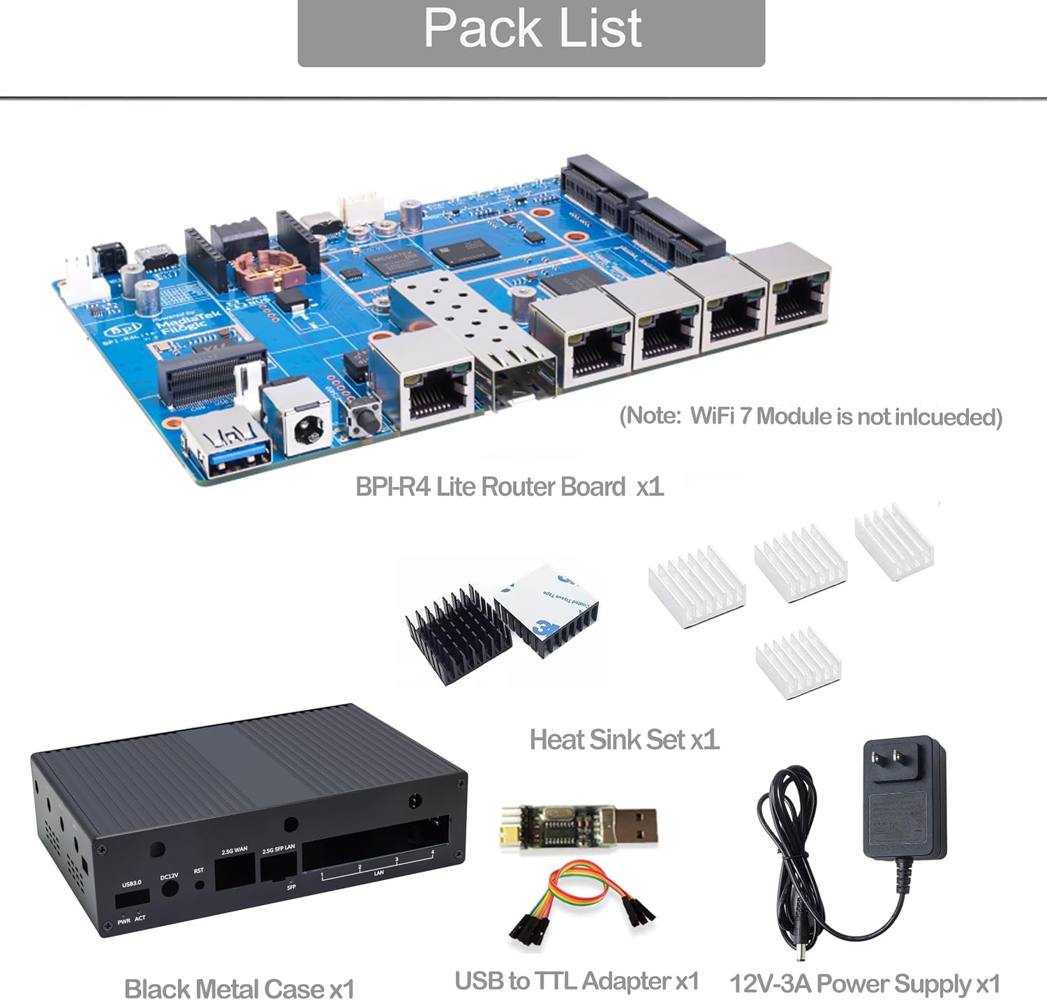 Banana Pi BPI-R4 Lite WiFi 7 Router Dev Board Kit OpenWRT - MediaTek MT7987A SoC - 2GB DDR4 RAM 8GB eMMC, 1x 2.5G SFP RJ45 WAN, 4x GbE Gigabit Ethernet for NAS Smart Home Gateway (2GB, Bundle2)