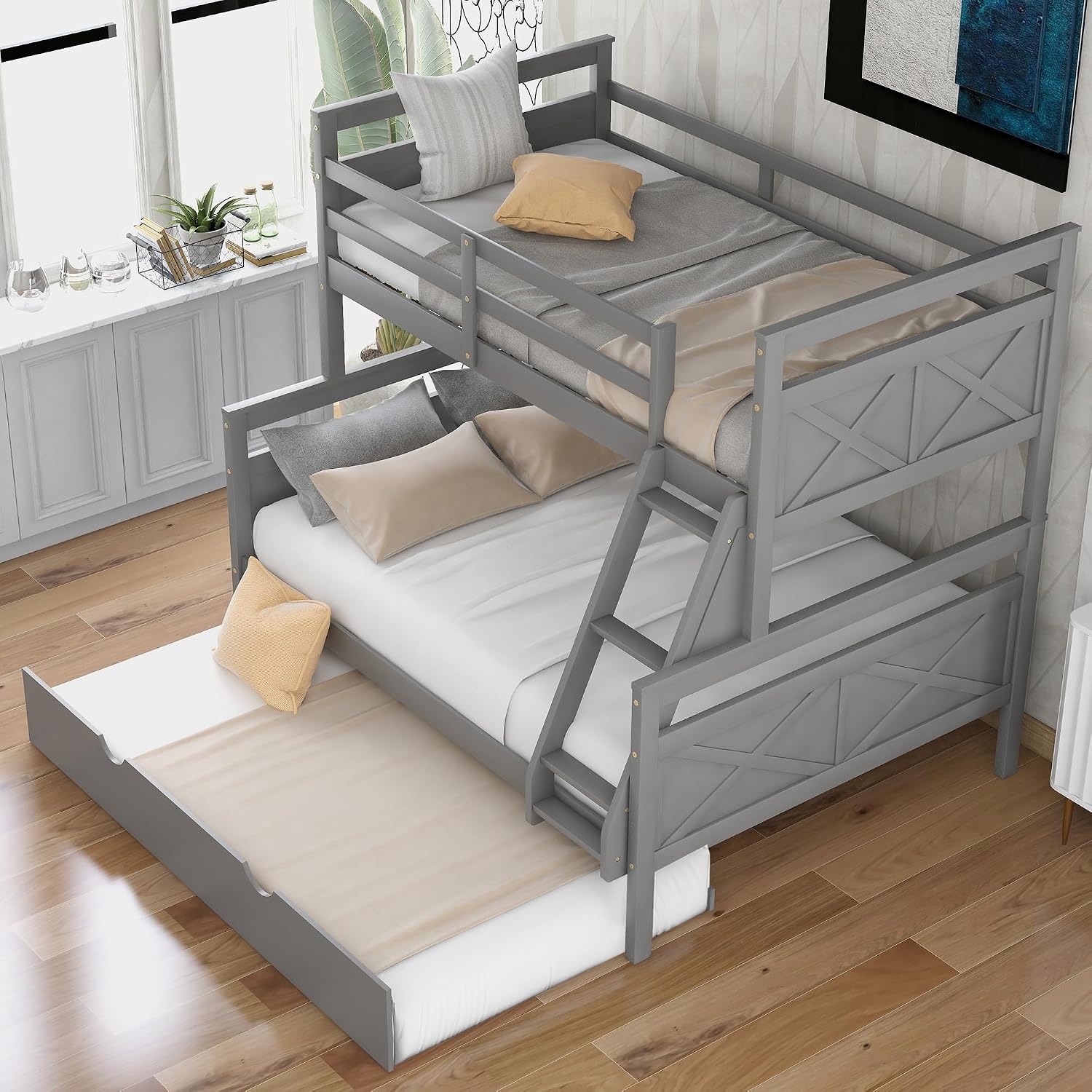 Twin Over Full Bunk Bed with Inclined Ladder and Twin Size Trundle,Bedroom Wood Bed Frame W/Safety Full-Length Guardrail & No Box Spring Required,for Girl Boy Kid,Gray