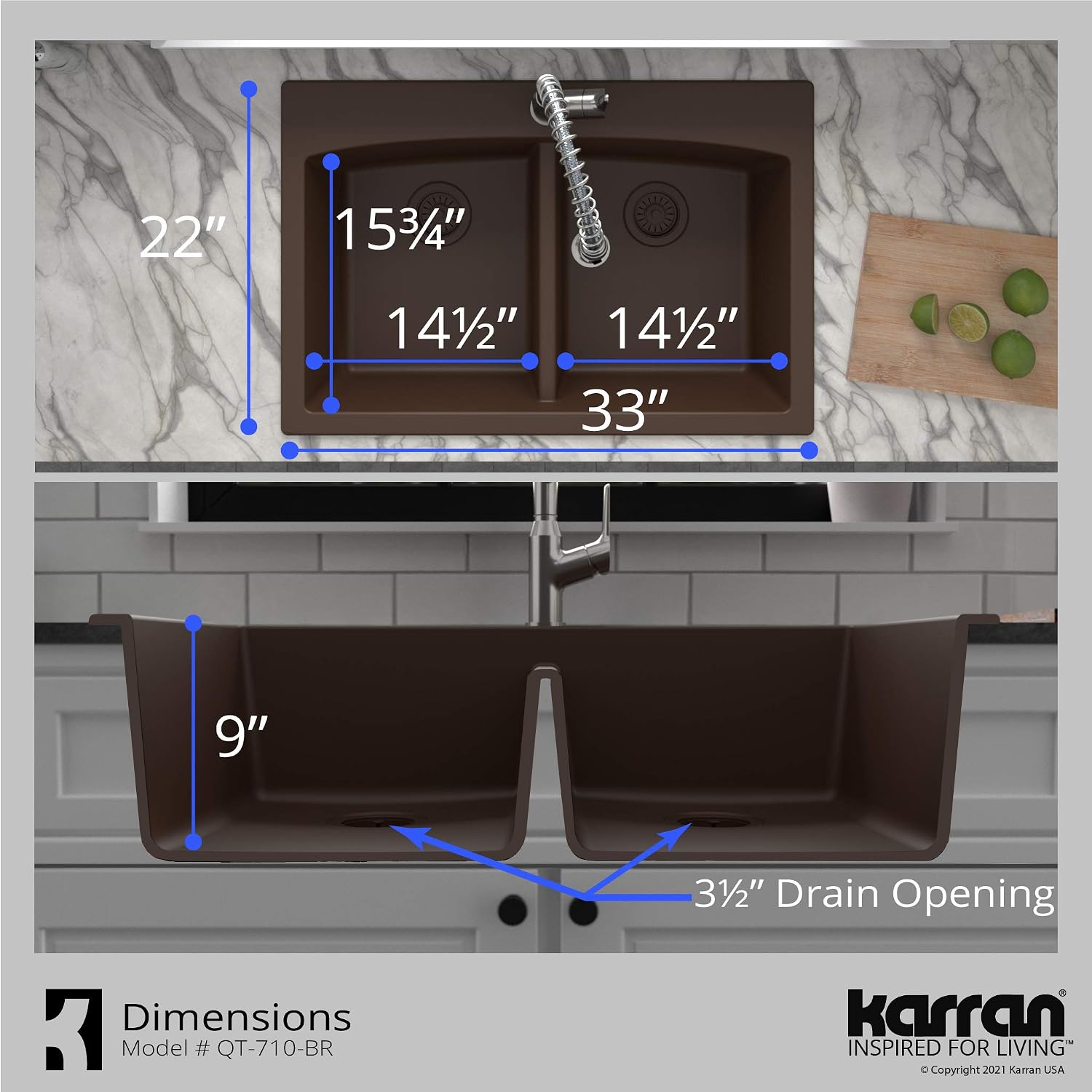 Karran QT-710 33 Inch Top Mount Double Bowl Kitchen Sink, 50/50 Low Divide Quartz Composite Drop-In Sink, Rear Drain, Heat and Scratch Resistant, Brown
