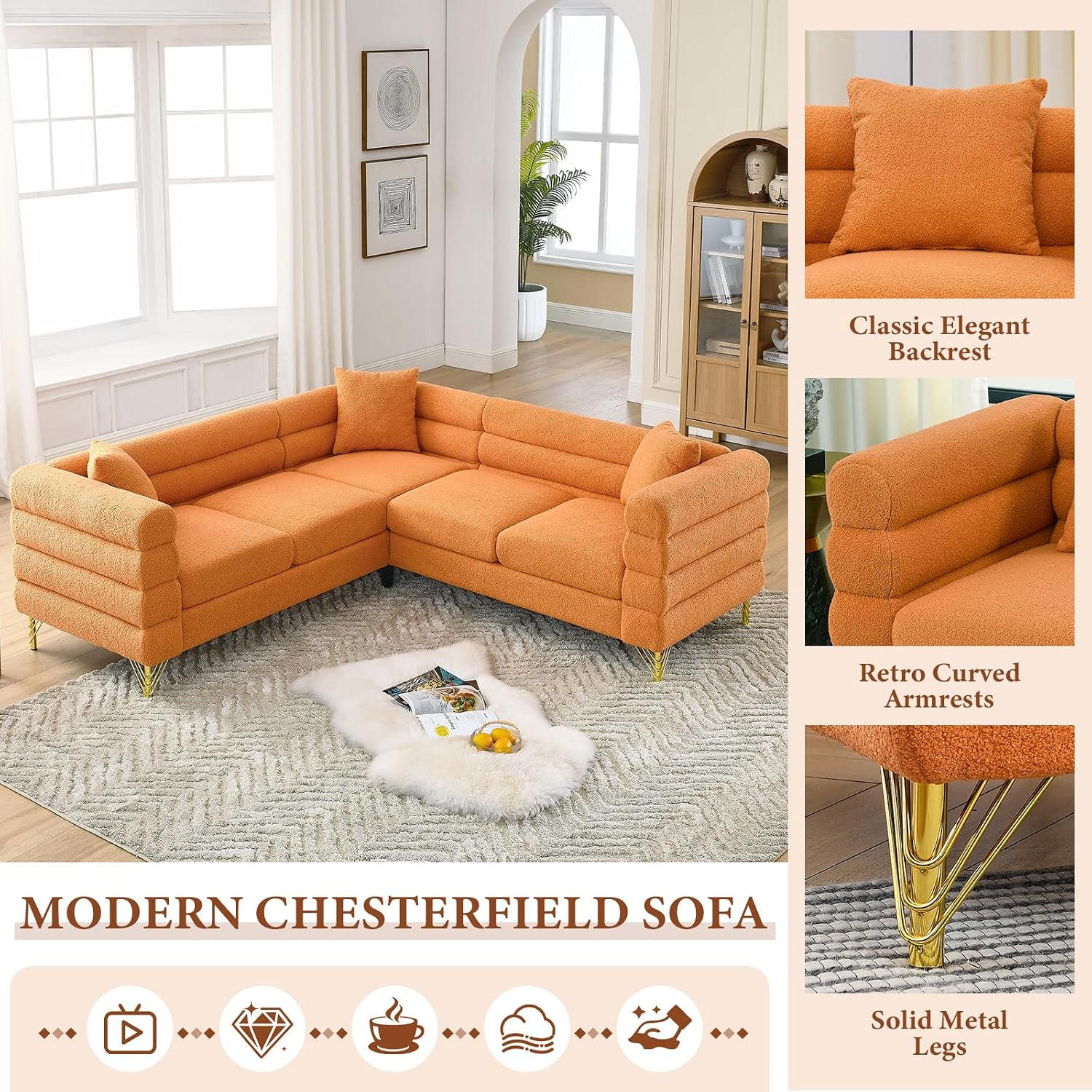 L-Shaped Sectional Couch, 81.5' Oversized Corner Sofa Teddy Boucle Comfy Cloud Modern Upholstered Deep Seat Set with Stylish Metal Legs for Living Room Home Office,Apartment, Orange