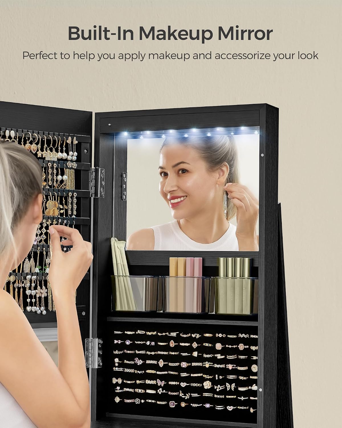 SONGMICS 6 LEDs Lockable Mirror Jewelry Cabinet, 360° Swivel Jewelry Organizer Armoire Standing, Frameless Full-Length Mirror, 3 Storage Shelves, Black Surface, Black Lining UJJC007B01