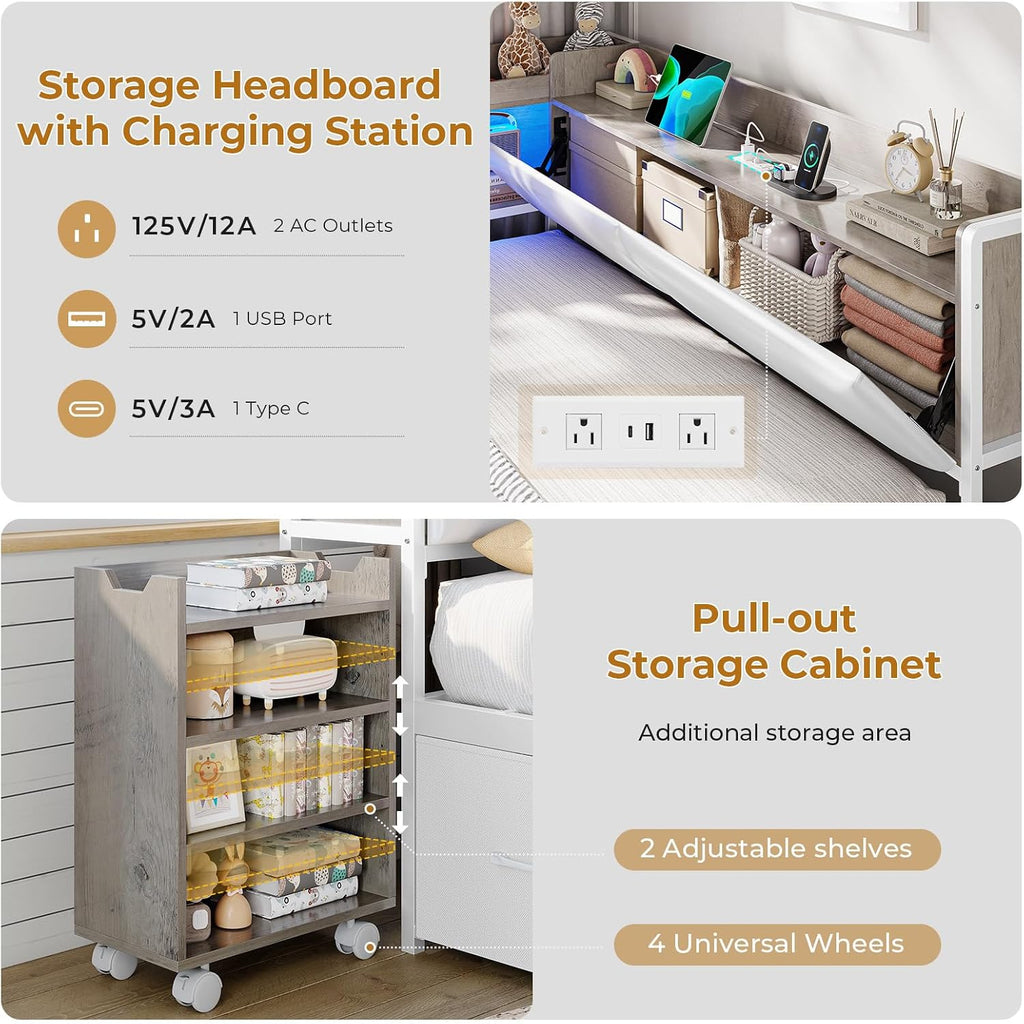 MSmask 14 Inch Corner Bed Frame with Pull-Out Cabinet, Bookcase & Headboad Storage, Full LED Daybed with 6 Drawers, Charging Station, Full Size Metal Platform Bed for Kids Teen, White & Oak Grey