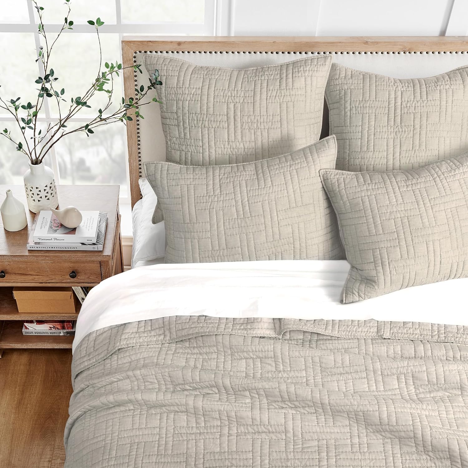 Levtex Home - Melange Stitch Quilt Set - Full/Queen Quilt and Two Standard Shams - Solid Stitched - Natural - Quilt (88x92in.) and Shams (20x26in.) - Reversible - Polycotton Blend