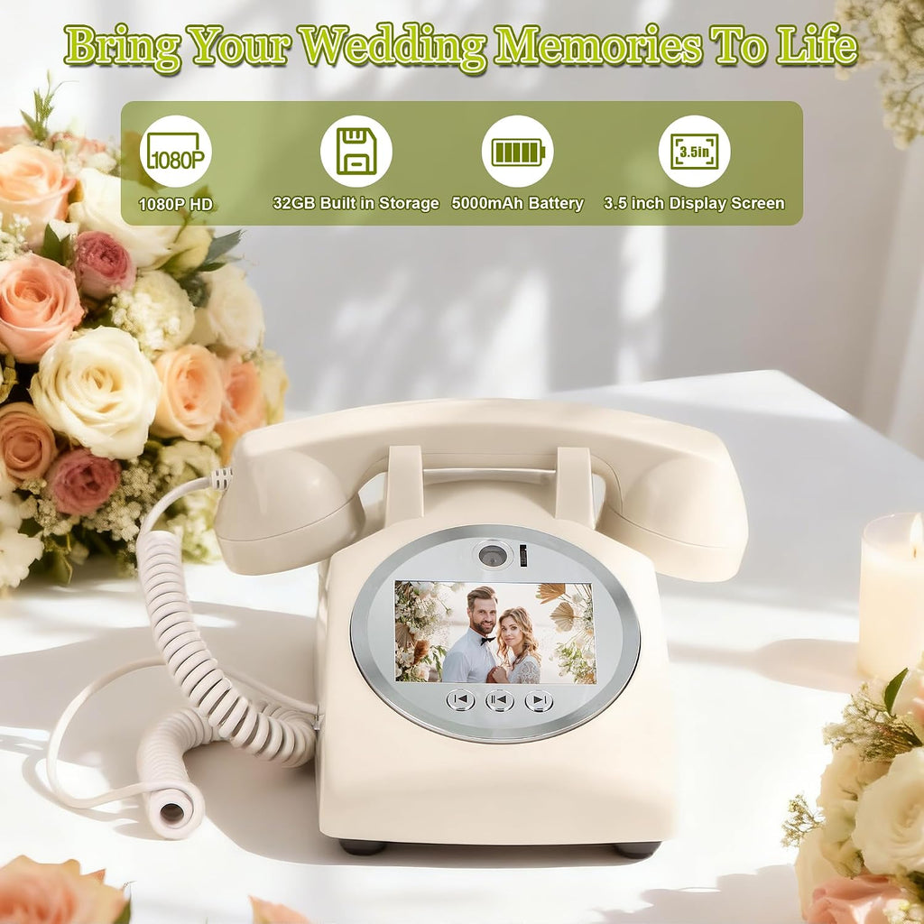 Video Audio Guest Book Wedding Phone, 1080P Video Guestbook Phone for Wedding, Bridal Shower, Birthday Party, Baby Shower, Anniversary Engagement (Rice White)