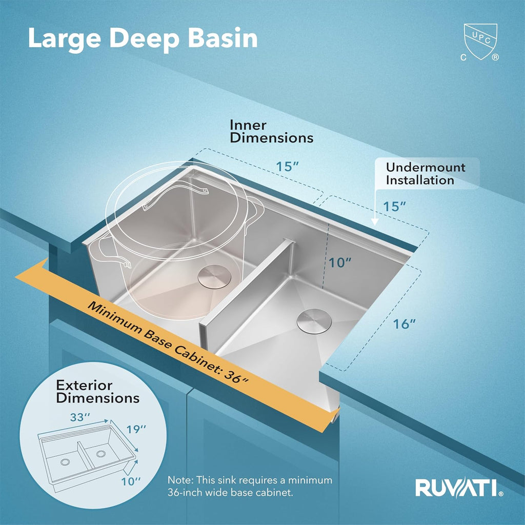 Ruvati 33-inch Workstation Rounded Corners 50/50 Double Bowl Undermount Kitchen Sink - RVH8351