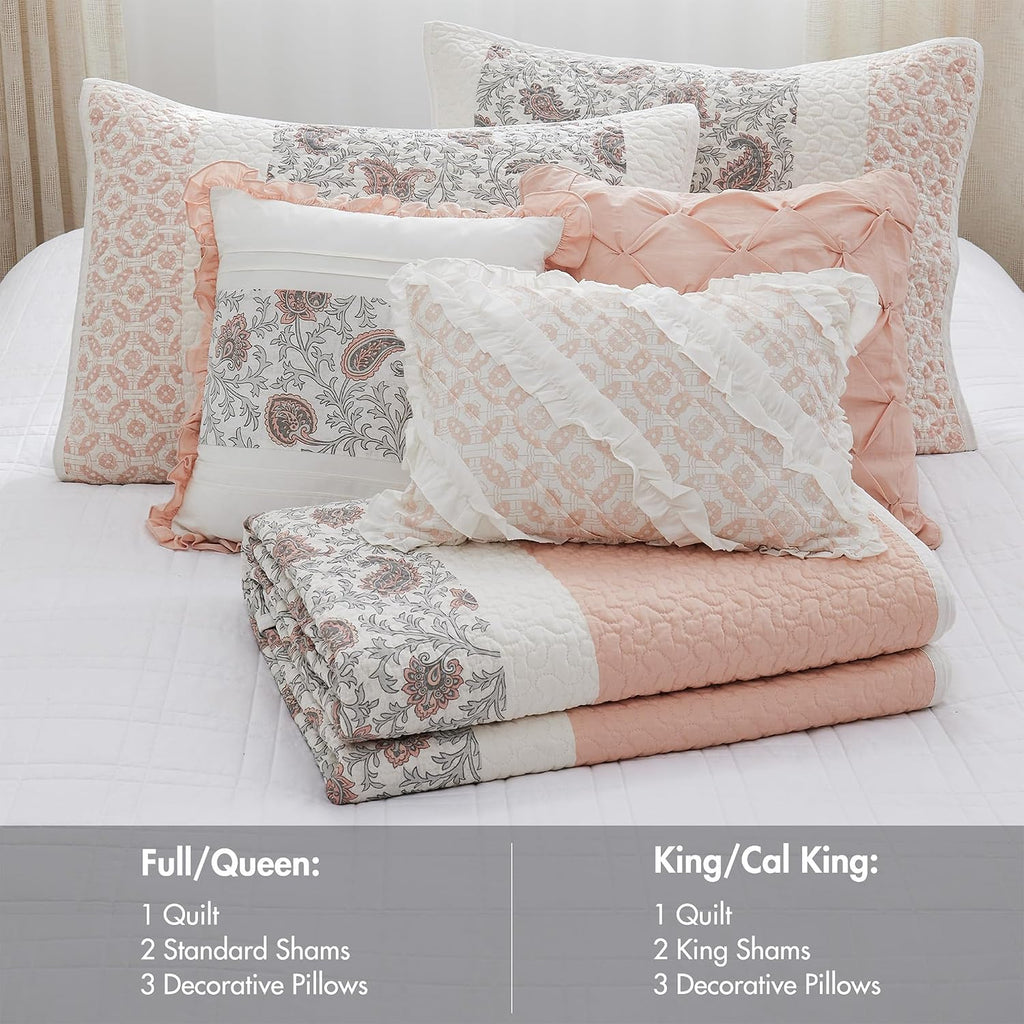 Madison Park 100% Cotton Quilt Set Floral Print, Double Sided Stitching, All Season, Lightweight Coverlet Shabby Chic Bedding Layer, Matching Shams, King/Cal King, Blush 6 Piece