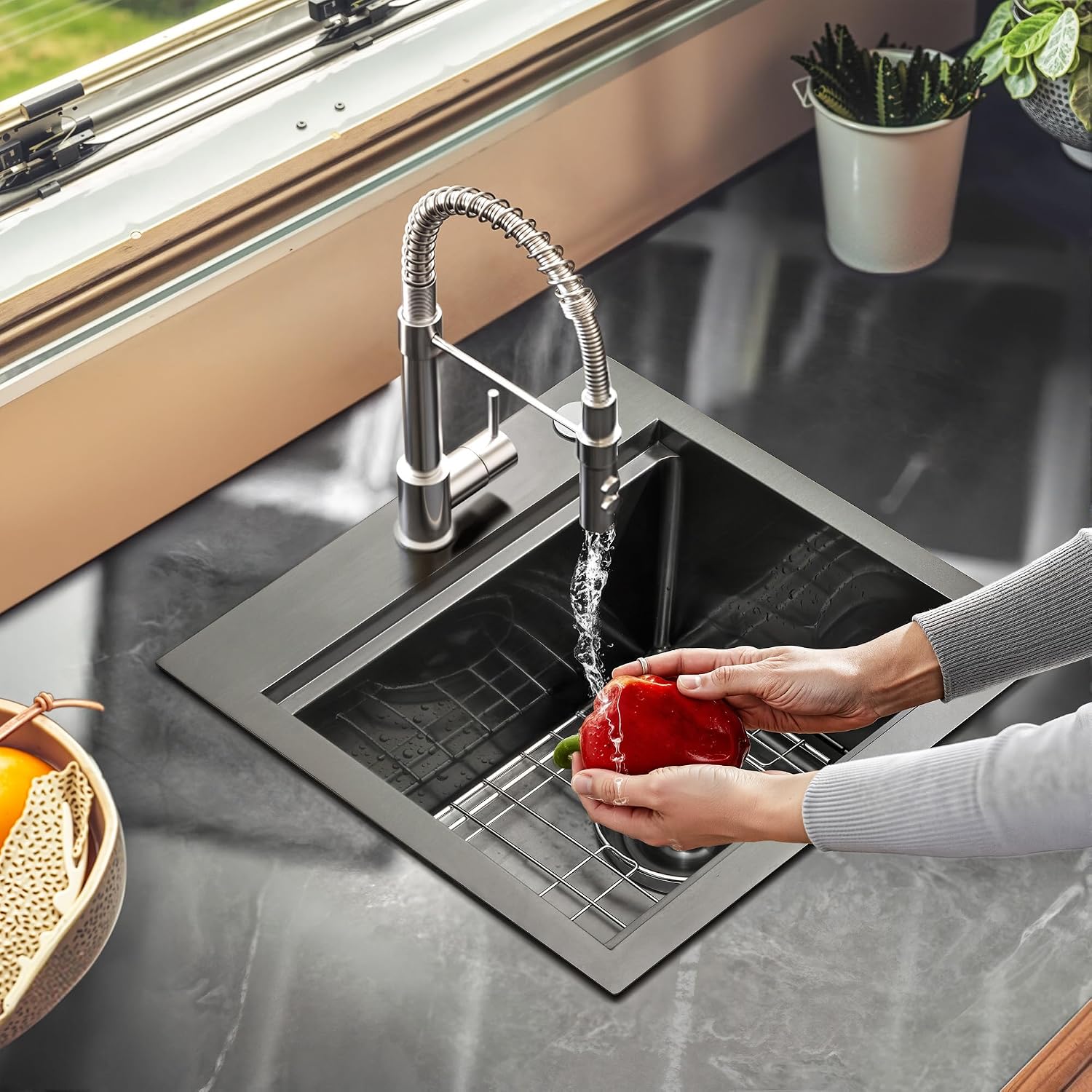 YITAHOME Black Drop In Kitche Sink Workstation, 15' Top Mount Stainless Steel Nano Gunmetal Black Small RV Sink with Cutting Board & Accessories for Workstation, Bar, 15 x 15 x 9 in