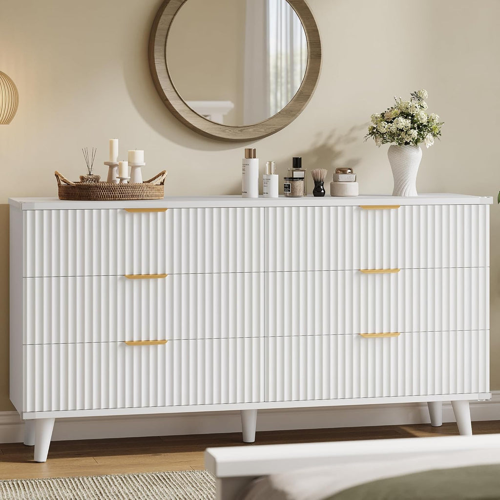 Lulive Modern Dresser and Nightstand Sets 3-Piece, 6-Drawer Dresser + 2 White Night Stands with Charging Station Bedroom Sets Solid Wood Legs (White)