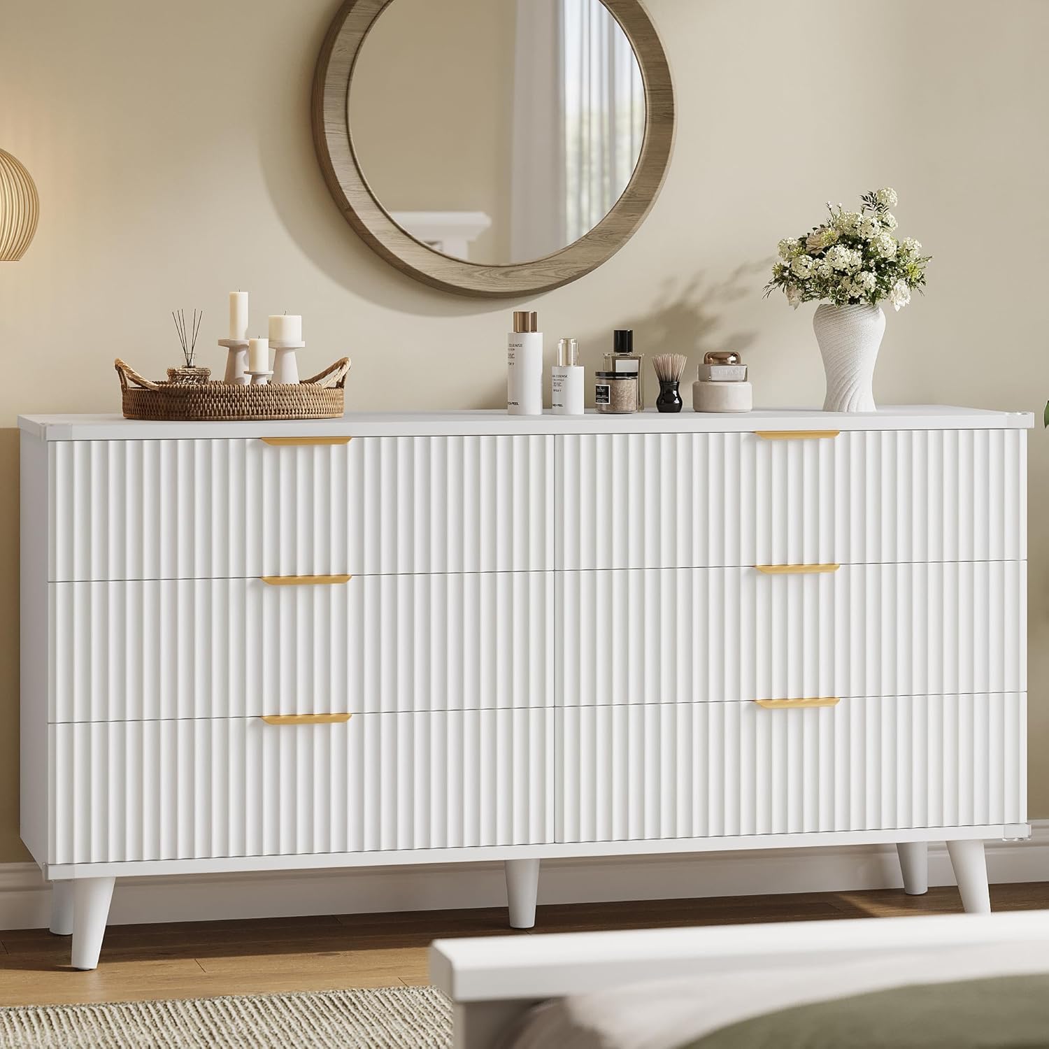 Lulive Modern Dresser and Nightstand Sets 3-Piece, 6-Drawer Dresser + 2 White Night Stands with Charging Station Bedroom Sets Solid Wood Legs (White)