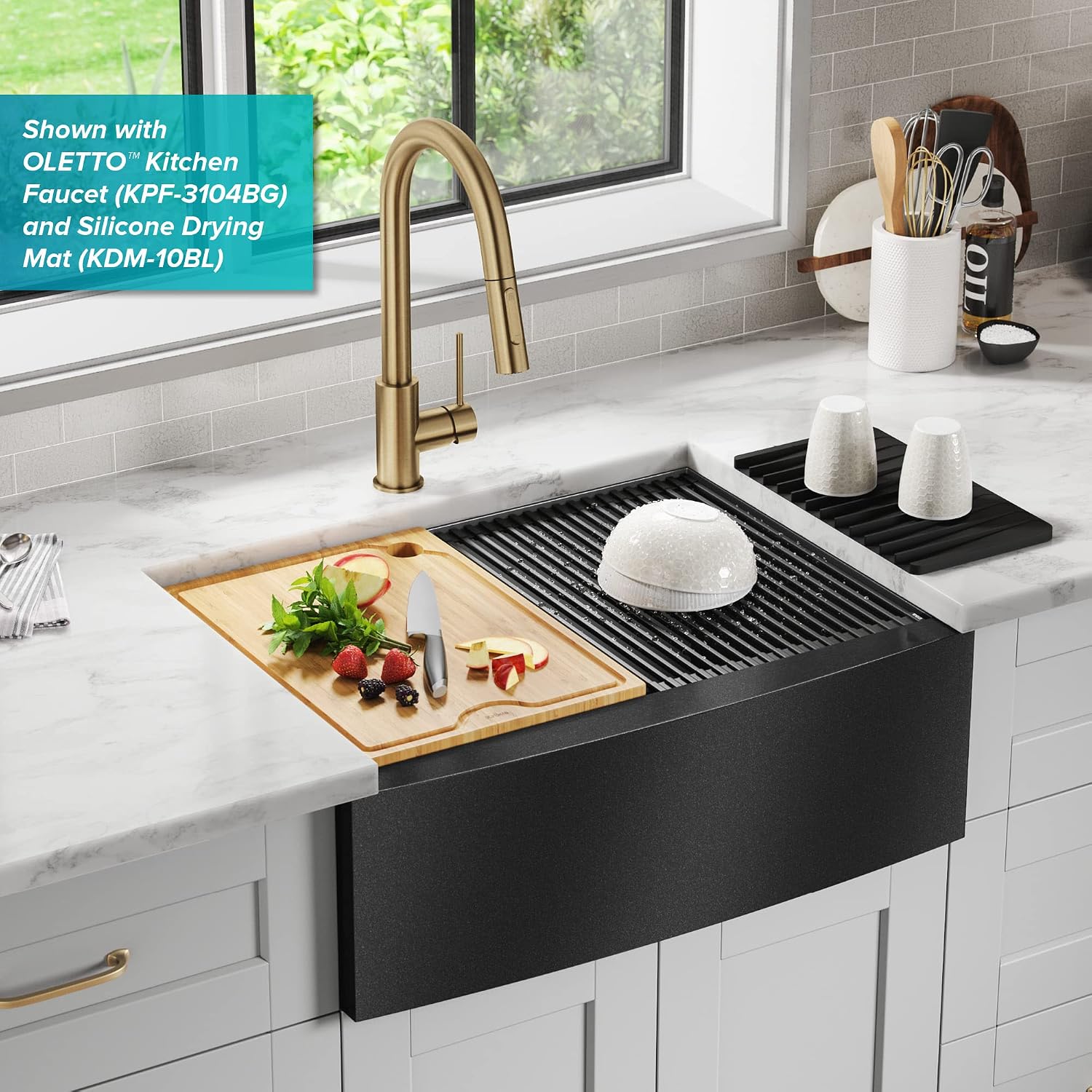 KRAUS Kore Workstation 27-inch Farmhouse Apron Front 16 Gauge Black Stainless Steel Single Bowl Kitchen Sink in PVD Gunmetal Finish with Accessories, KWF210-27-PGM