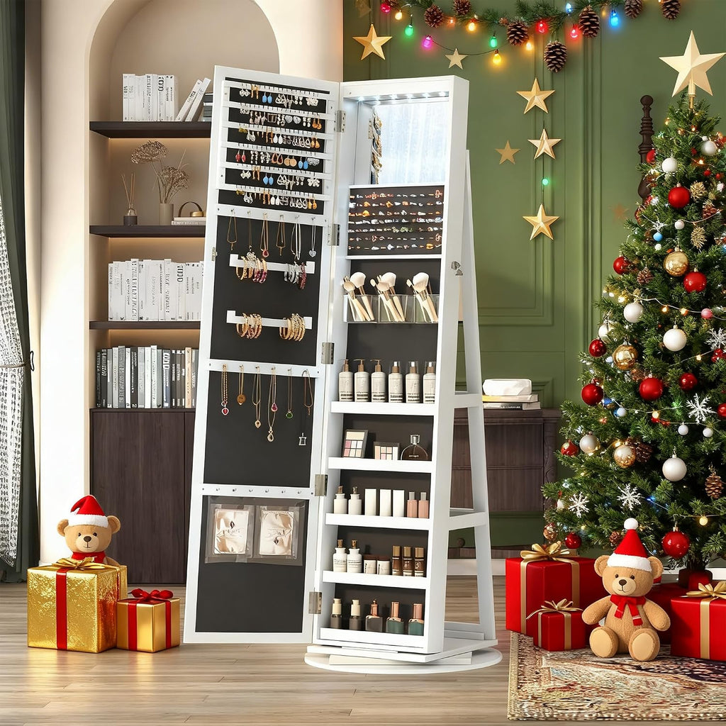 LVSOMT Mirror Jewelry Cabinet Standing, 360° Swivel Jewelry Armoire with 6 LED Lights and Interior Mirror, Full Length Mirror with Storage, Standing Lockable Jewelry Organizer, White