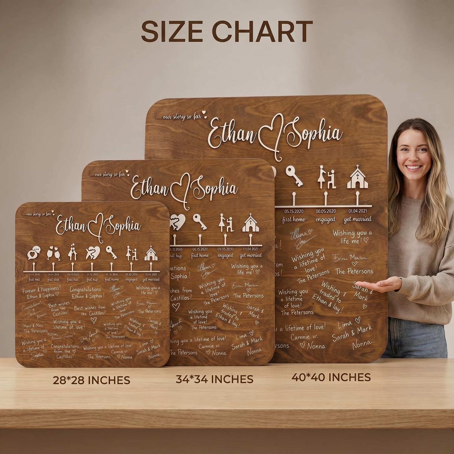 Personalized Wedding Guest Book Alternative Wood Sign – Custom 3D Love Story Timeline with Icons, Rustic Birch Wooden Guestbook for Reception & Wall Decor Keepsake – Includes Marker & Hanging Hardware