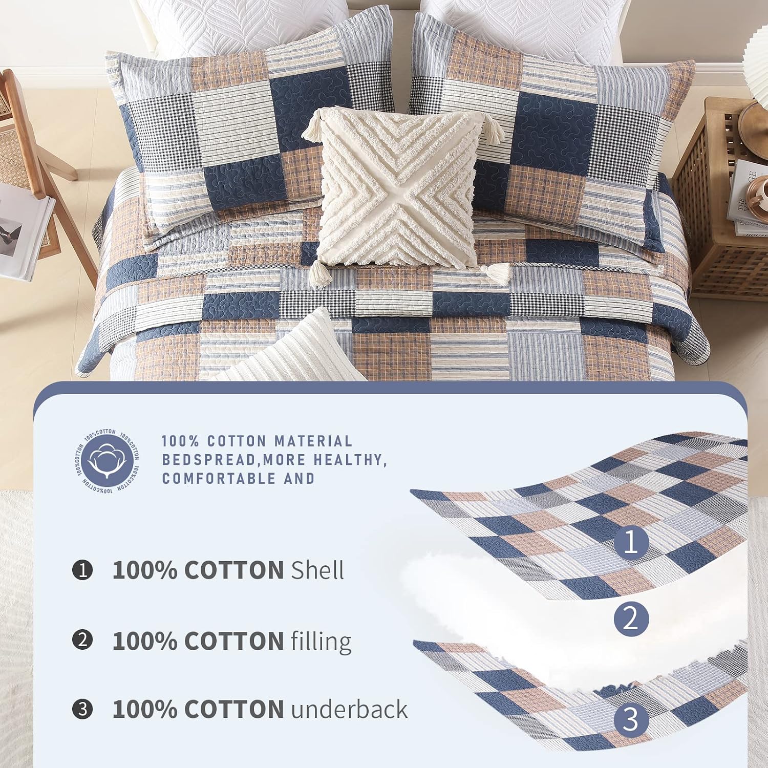 Finlonte Quilt King Size - 100% Cotton King Size Comforter Set Navy Brown White Plaid Farmhouse Quilt Bedding Set, Reversible Lightweight Soft Bedspread, Quilted Coverlet All-Season, 3-Piece