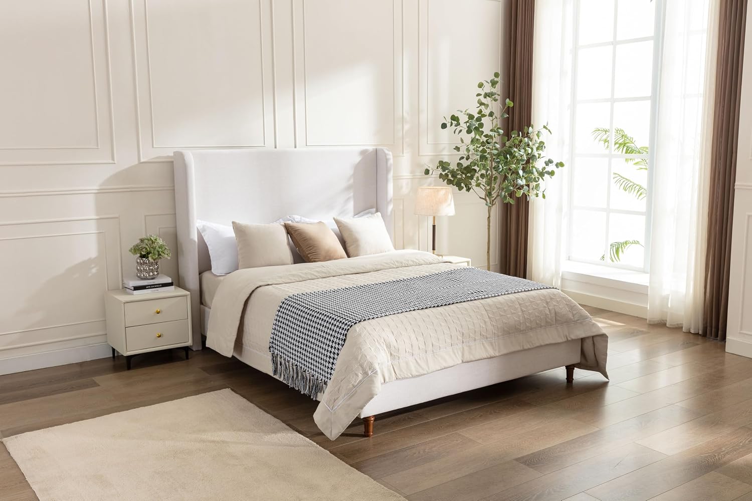 King Bed Frame with 54' High Headboard, Canvas Upholstered Platform Bed, Wingback Headboard, Solid Walnut Legs, Load Capacity 1000lbs, Simple Elegance.Ivory