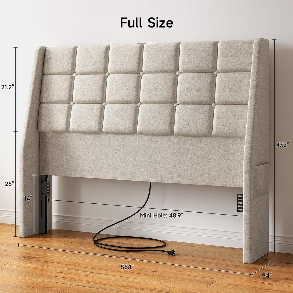 Ergonomic Upholstered Headboard Full Size w/Charging Station, Linen Wingback Headboards w/Storage Pocket, Full Headboard Only, Bed Frame Adapters, Sturdy Stable Solid Wood Bed Head Board, Beige