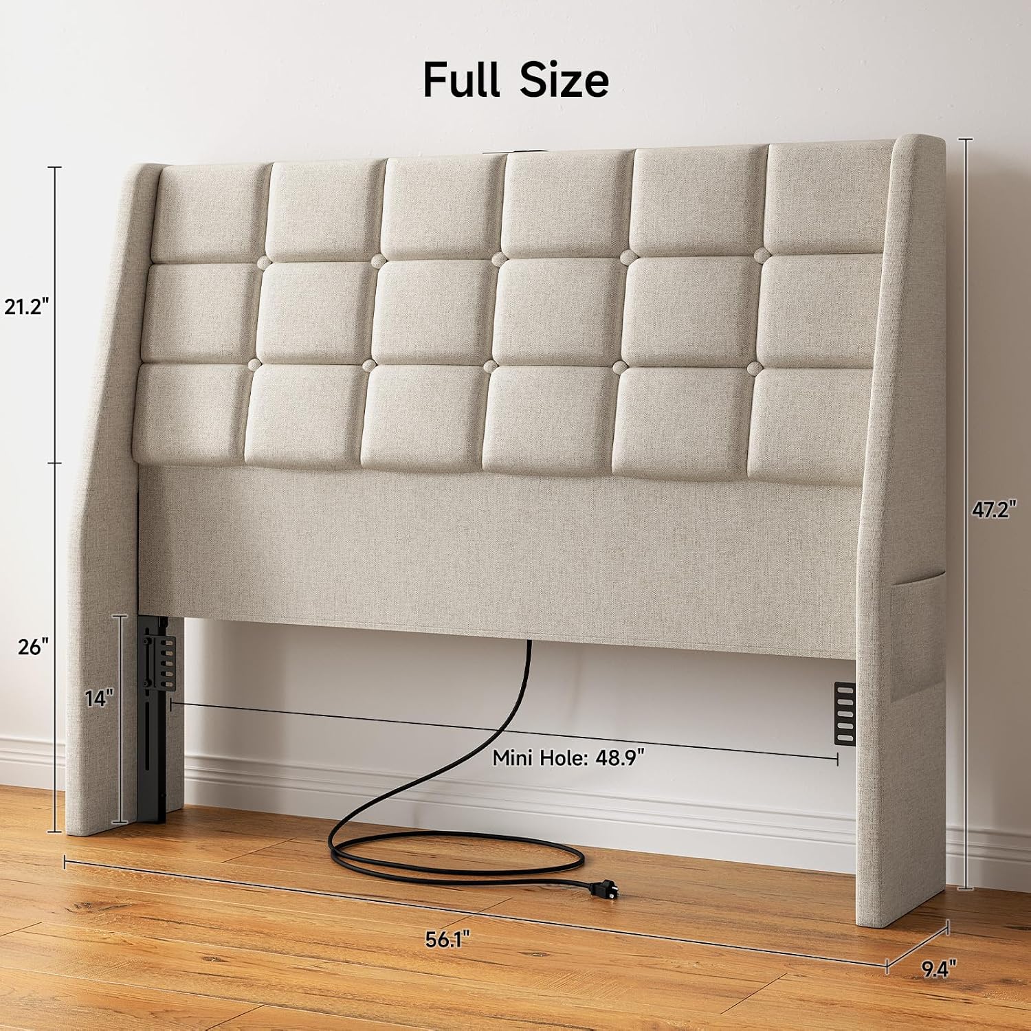 Ergonomic Upholstered Headboard Full Size w/Charging Station, Linen Wingback Headboards w/Storage Pocket, Full Headboard Only, Bed Frame Adapters, Sturdy Stable Solid Wood Bed Head Board, Beige