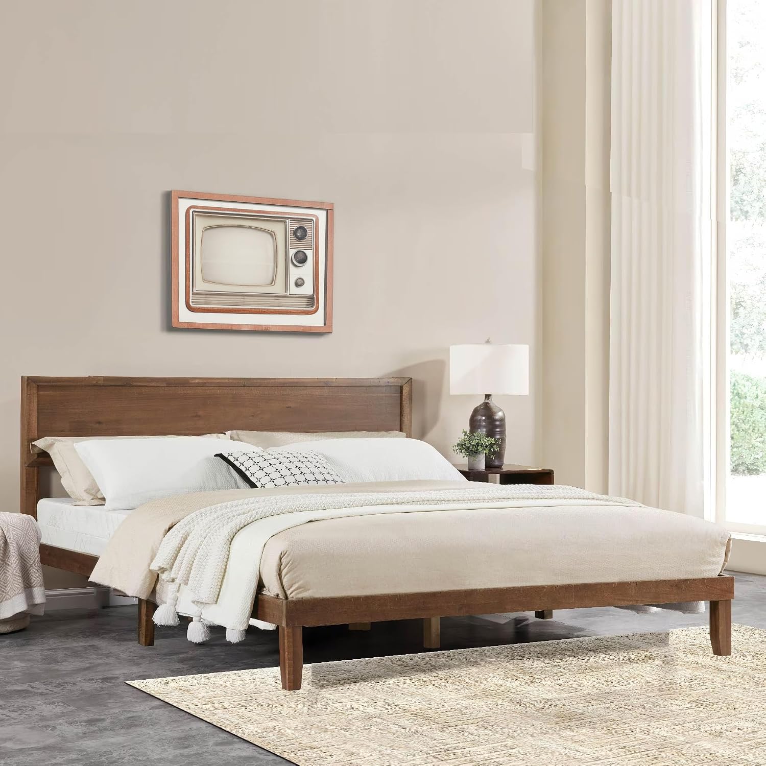Full Size Solid Wood Platform Bed Frame - Premium Rubber Wood Reinforced Thickened Support, Load-Bearing, Modern Headboard Design, Tool-Free Assembly Bedroom Furniture Set,Brown (King)