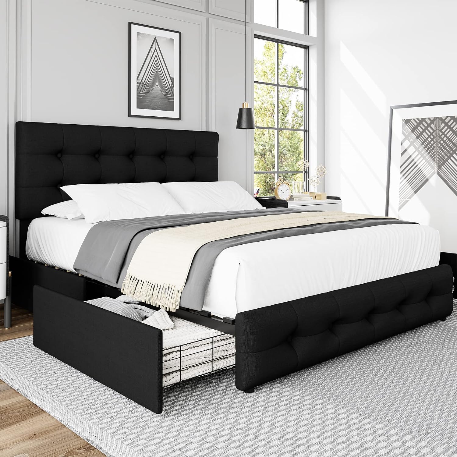 TTVIEW Full Size Bed Frame with 4 Storage Drawers and Adjustable Headboard, Upholstered Platform Bed with Button Tufted Design, Strong Wooden Slats Support, No Box Spring Needed, Black