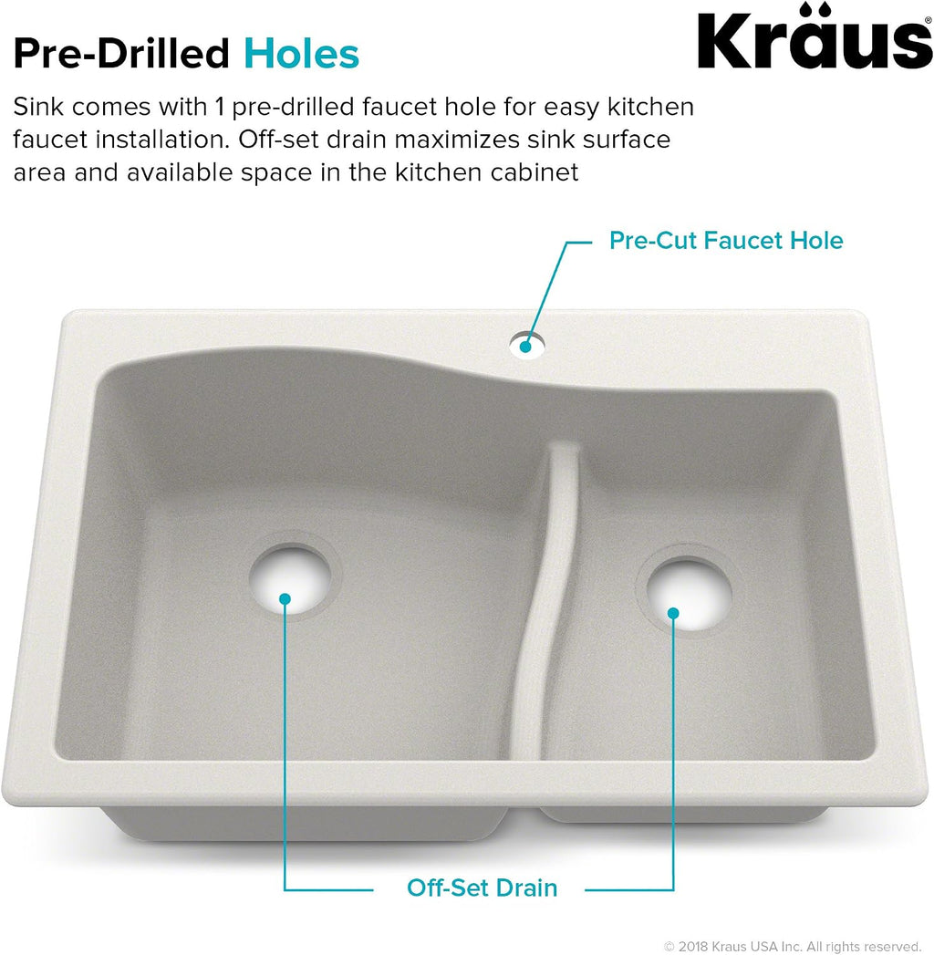 KRAUS KGD-442 Quarza 33-inch 33' Dual Mount 60/40 Double Bowl Granite Kitchen Sink in White