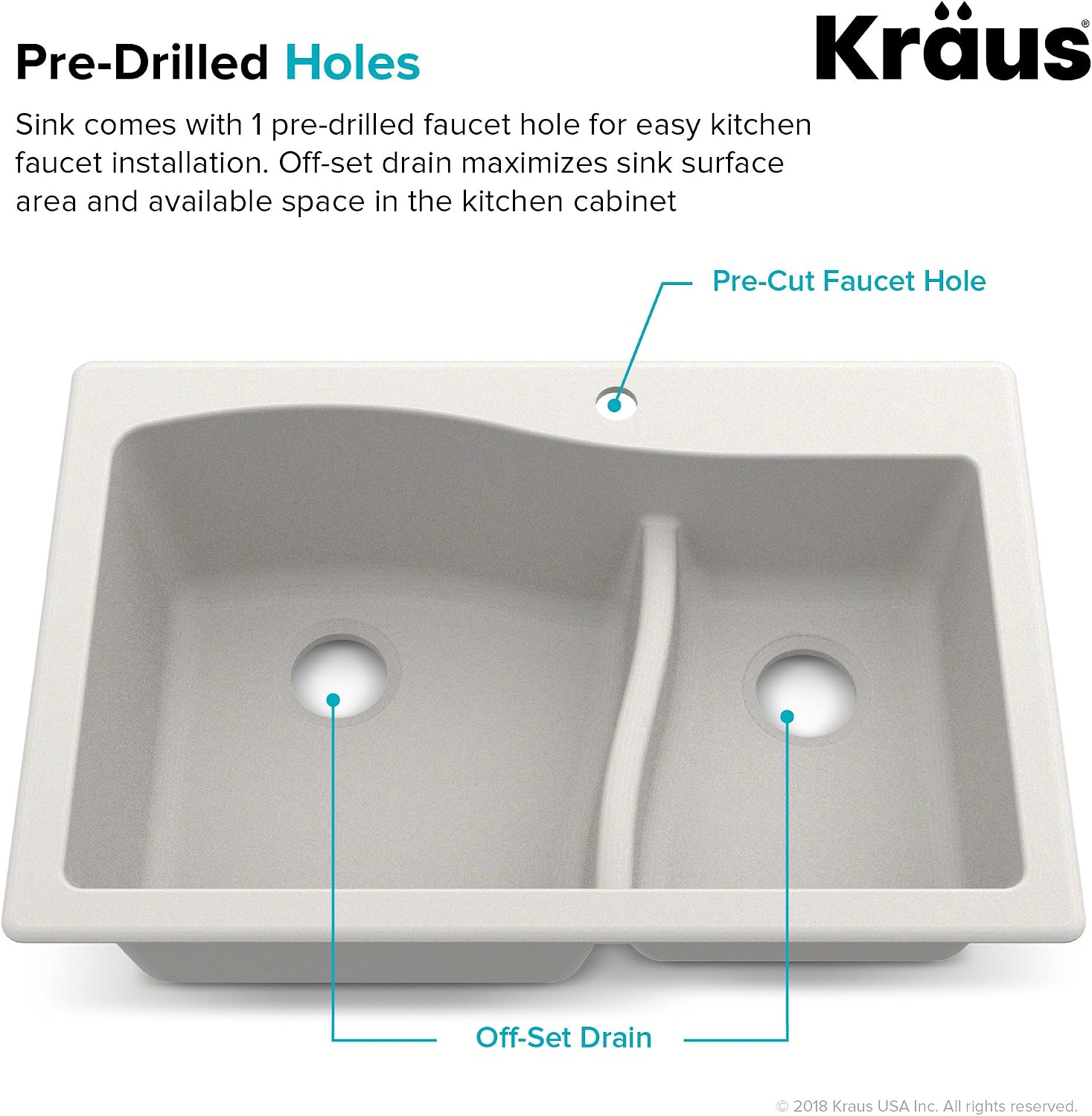 KRAUS KGD-442 Quarza 33-inch 33' Dual Mount 60/40 Double Bowl Granite Kitchen Sink in White