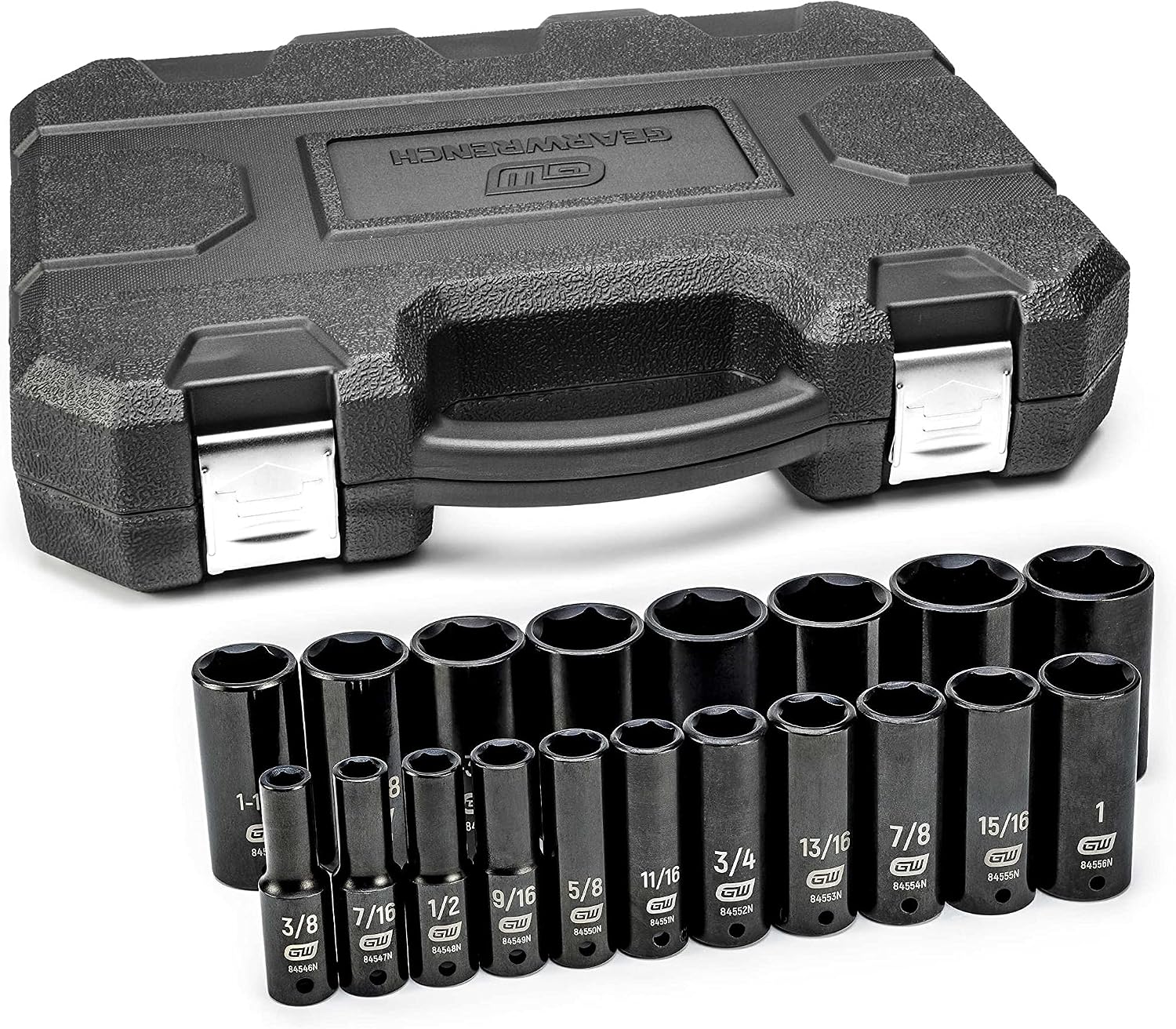 GEARWRENCH 19 Piece 1/2 Inch Drive 6 Point Impact Socket Set, Deep, SAE - 84934N