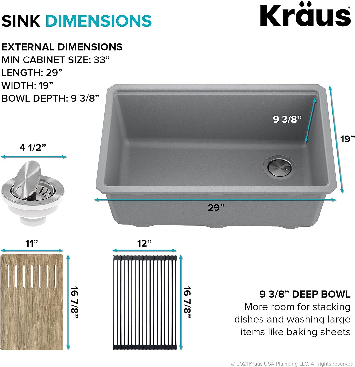 KRAUS Kitchen Sink Bellucci 29' Undermount Workstation Granite, Metallic Gray, Accessories, KGUW2-30MGR