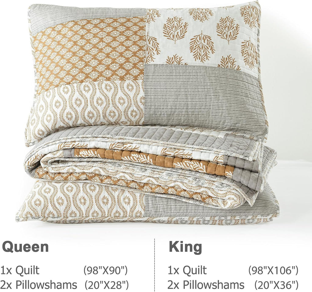Finlonte King Size Quilt, 100% Cotton Comforter King Size, Brown Grey Farmhouse Quilted Bedspread, Patchwork Lightweight Reversible Quilt Bedding Set for King Bed, 3-Pieces