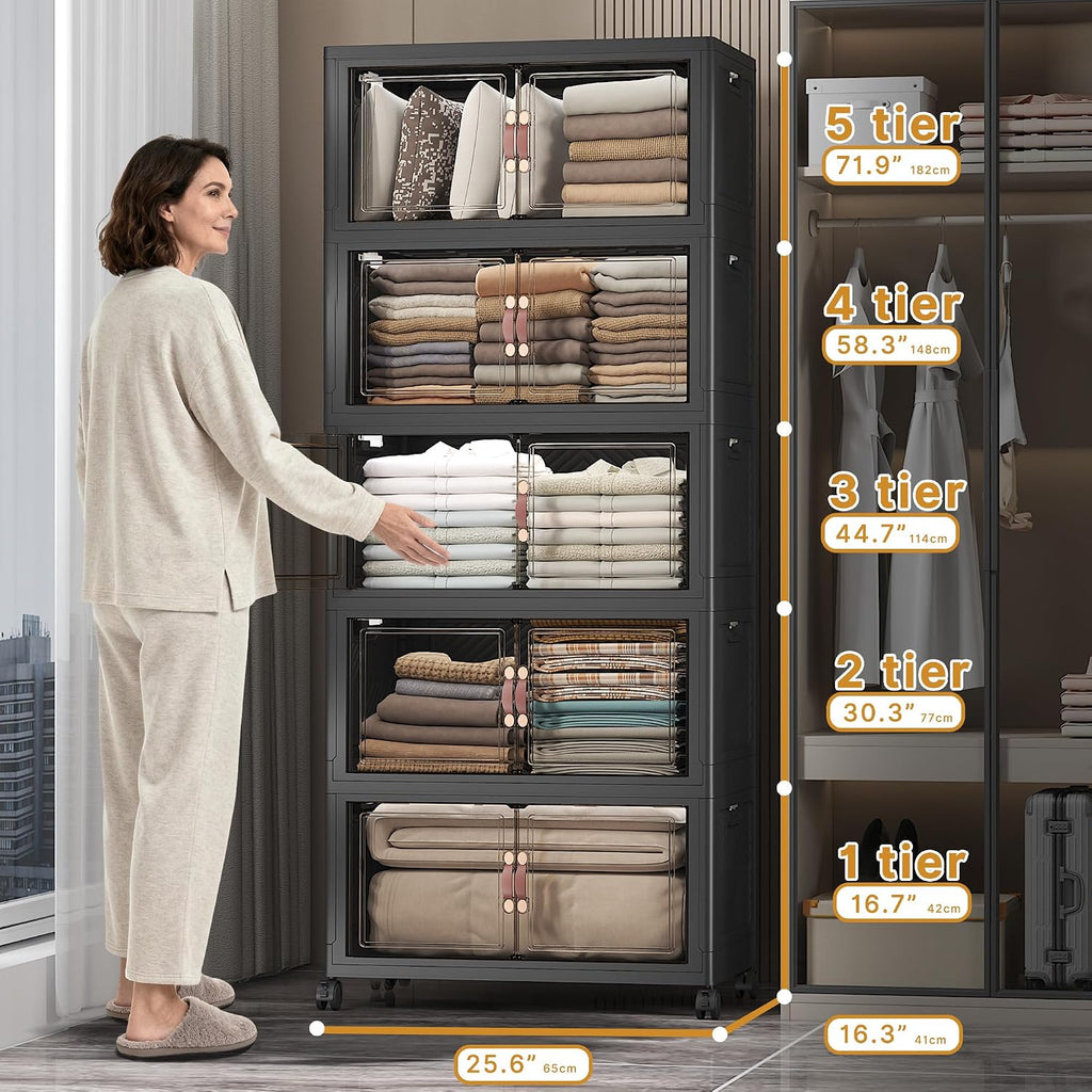 UAMFURI Stackable Storage Bins with Lids & Wheels & Door, Foldable Collapsible Closet Organizers, Extra Large Plastic Storage Drawers for Bedroom Dorm Office Garage (Dark-112QT, 5Pack with 1 top lid)