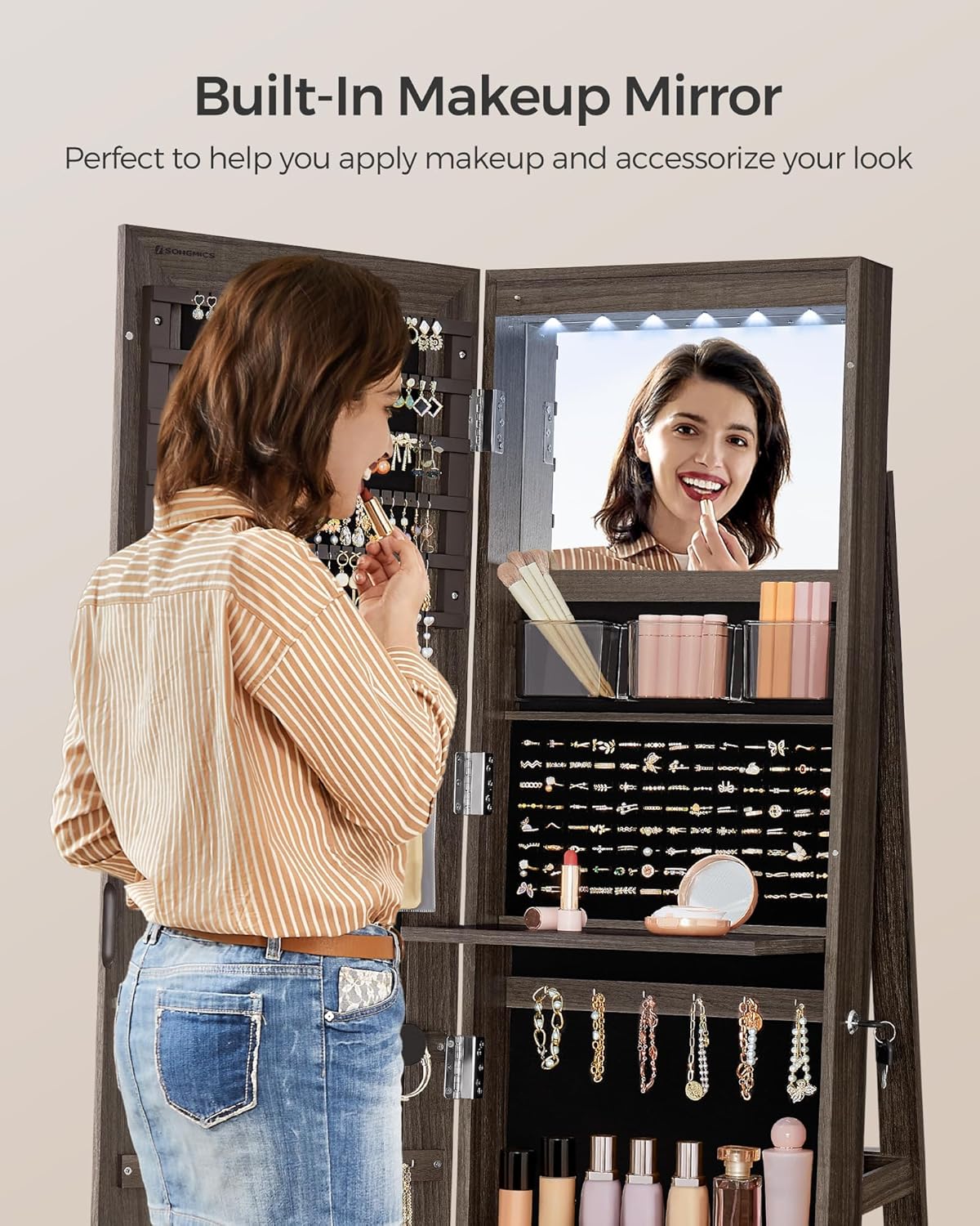 SONGMICS 6 LEDs Lockable Mirror Jewelry Cabinet, 360° Swivel Jewelry Organizer Armoire Standing, Frameless Full-Length Mirror, 3 Storage Shelves, Ash Brown Surface, Black Lining UJJC007K02