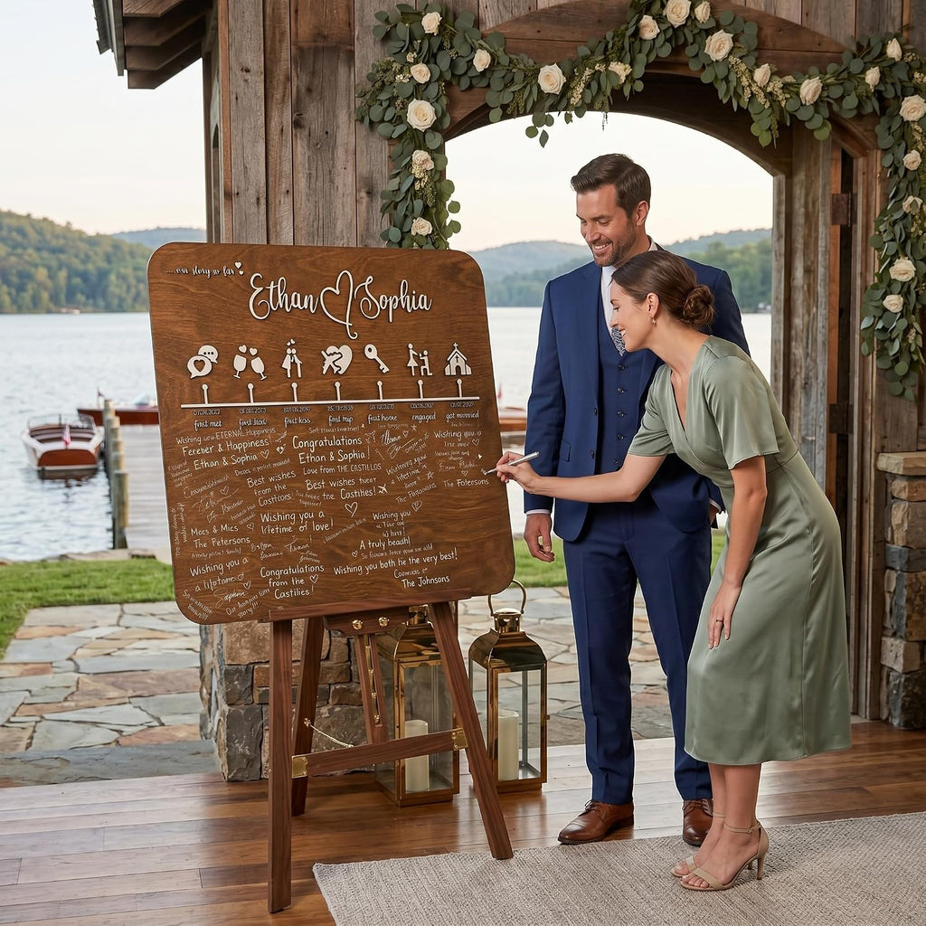 Personalized Wedding Guest Book Alternative Wood Sign – Custom 3D Love Story Timeline with Icons, Rustic Birch Wooden Guestbook for Reception & Wall Decor Keepsake – Includes Marker & Hanging Hardware