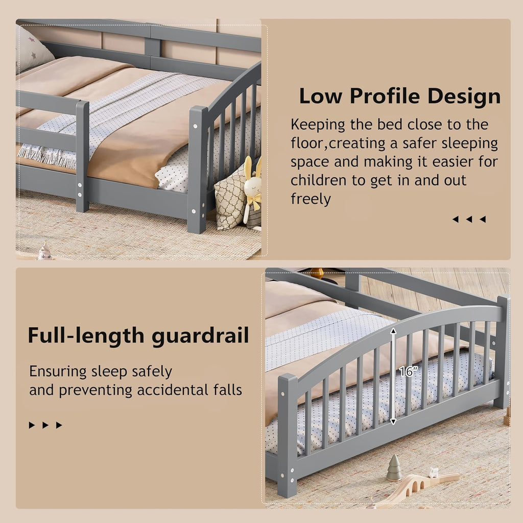 Bellemave Full Size Kids Montessori Floor Bed,Full Size Floor Bed Frame with Slats and Safety Guardrail,Solid Wood Montessori Bed for Girls Boys,Gray
