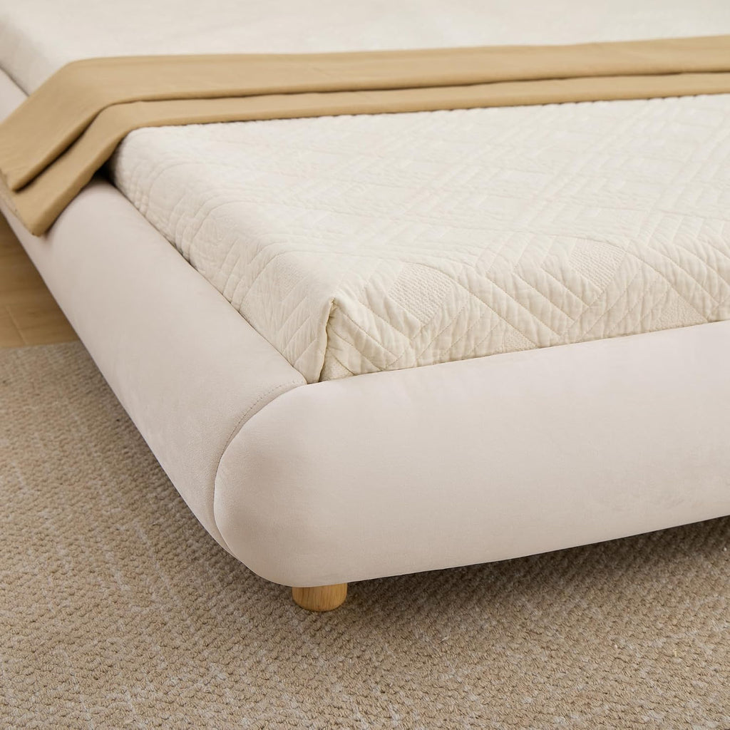 Curve-Shaped Upholstered Platform Bed with Curved Shaped Rounded Headboard, King Size Wood Bed Frame for Kids Adults Bedroom Furniture, Velvet Thick Fabric Upholstered Bed Grounded Bed (Beige-7, King)
