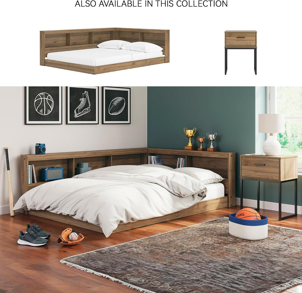 Signature Design by Ashley Deanlow Mid-Century Modern Full Bookcase Storage Floor Bed, No Foundation or Box Spring Needed, Wood, 26' High, Light Brown
