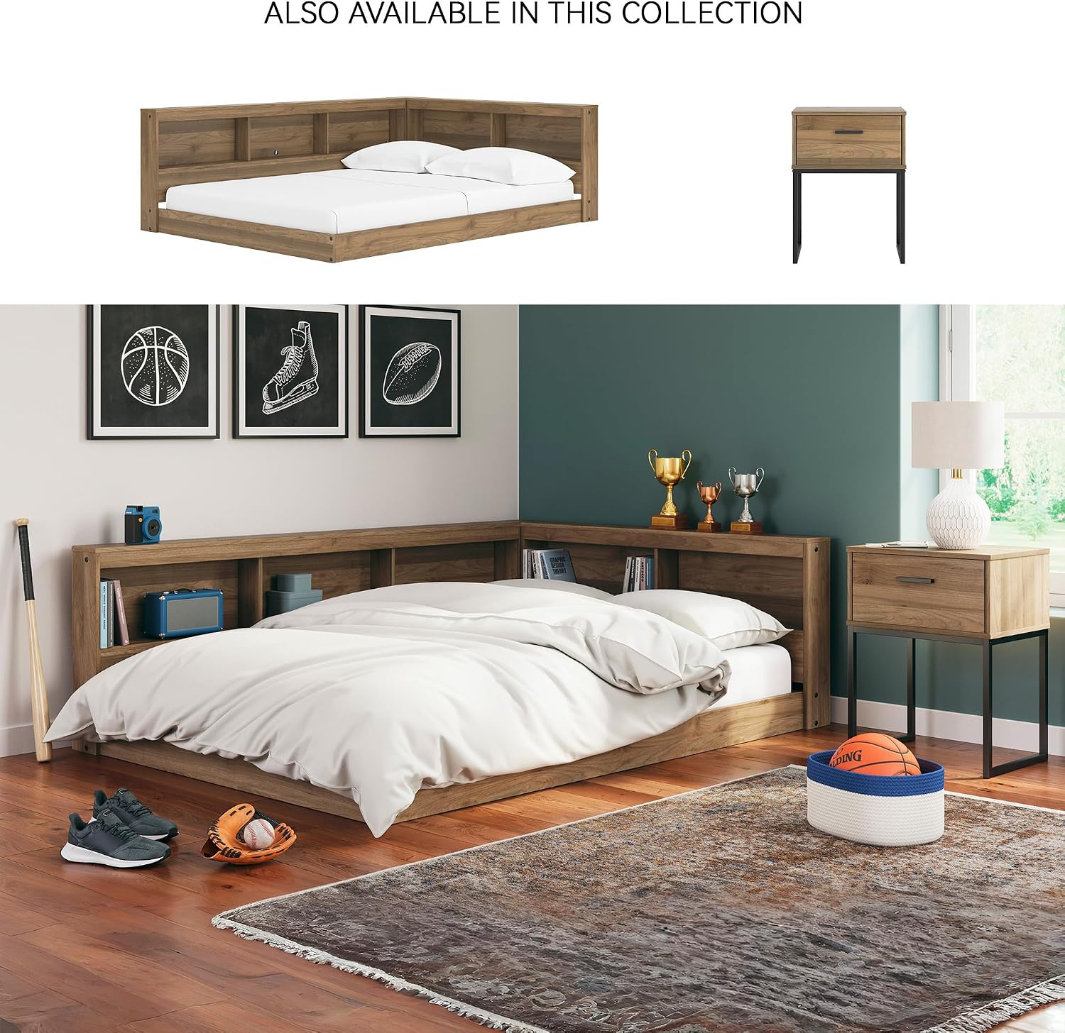 Signature Design by Ashley Deanlow Mid-Century Modern Full Bookcase Storage Floor Bed, No Foundation or Box Spring Needed, Wood, 26' High, Light Brown
