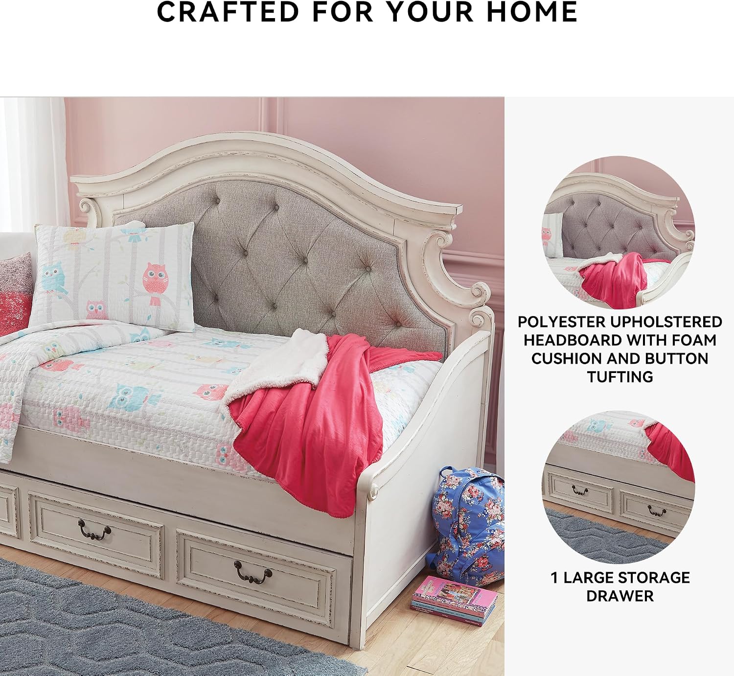 Signature Design by Ashley Realyn Traditional Upholstered Tufted Twin Platform Daybed with 1 Large Drawer, Foundation or Box Spring Not Needed, White & Beige