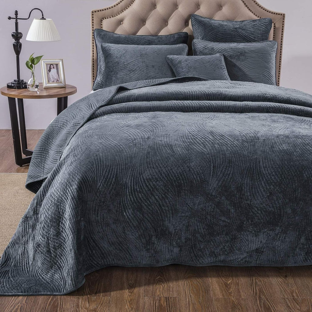 Tache Velvet Dreams Luxurious Velveteen Velour Super Soft Plush Warm Cozy Elegant Ripple Waves Stitch Quilted Coverlet Steel Navy Blue Bedspread Set, Full