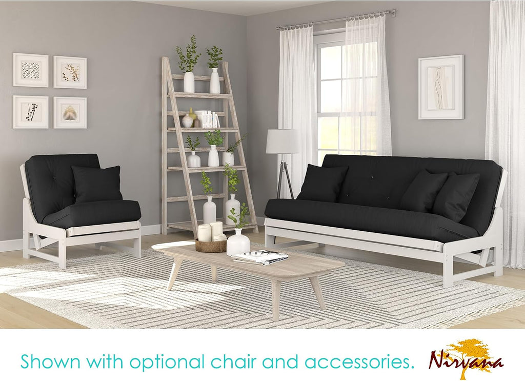 Nirvana Futons Arden White Futon with Storage Drawers Full or Queen Size - Space Saving Armless Design with Comfortable Mattress (Twill Black), Sofa Bed Available in