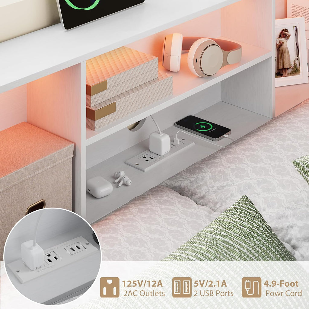 Twin Size Corner Bed Frame with 8 Bookcase Headboard & 4 Storage Drawers, Twin Metal Platform Bed with LED Light Strip & Charging Station, Twin Daybed for Kids Teens Guests,White