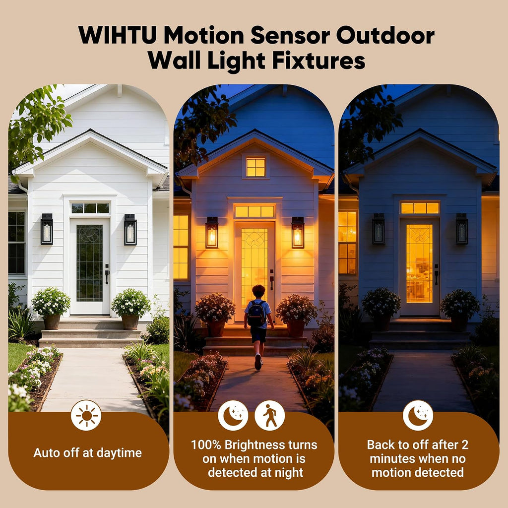 WIHTU Motion Sensor Exterior Porch Light Fixtures, Water Ripple Outdoor Wall Lantern, 2 Pack Sensor Wall Sconce Lights, Waterproof Outside Lantern Lamp, Porch Lamp for Garage, Doorway(Bulb Included)