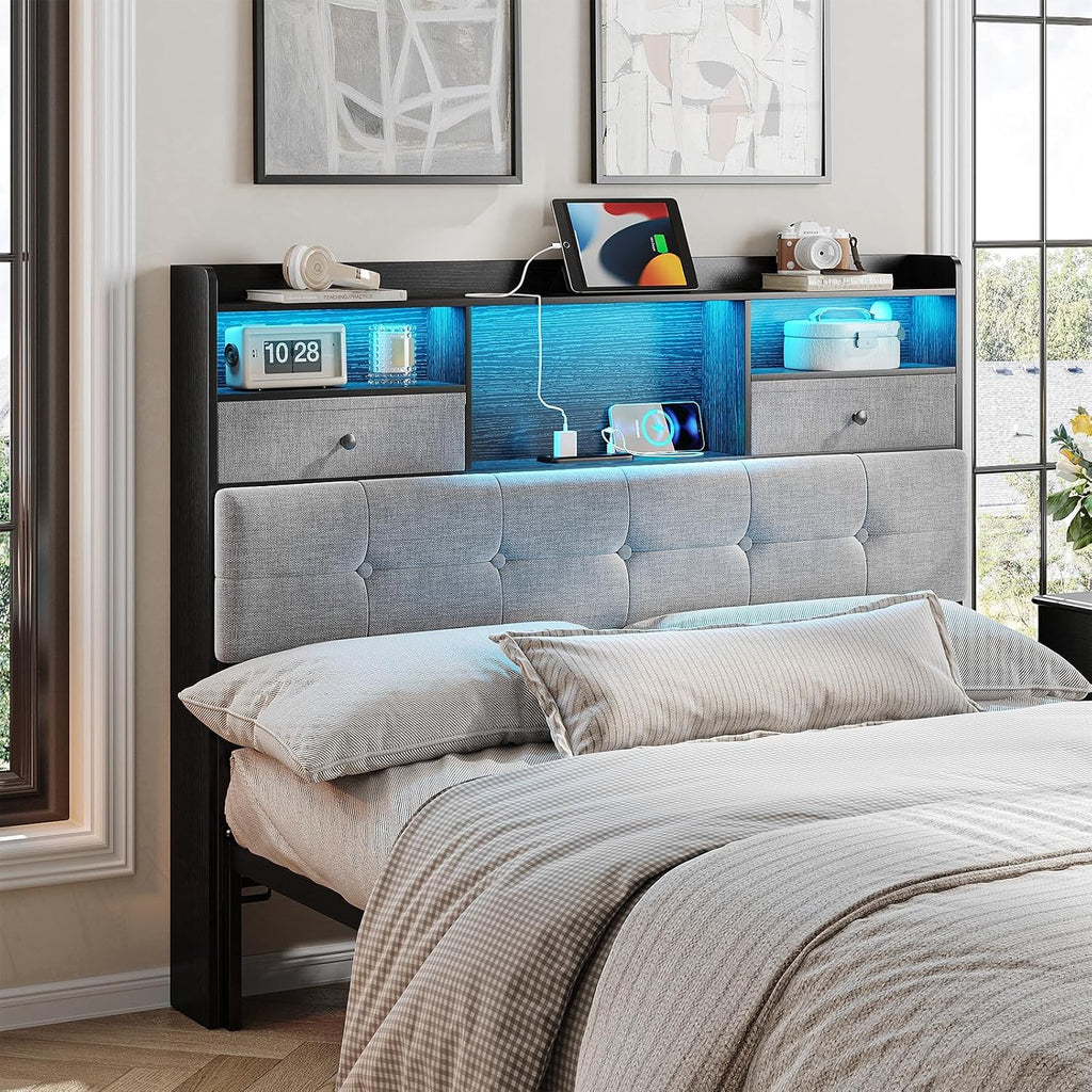 Maupvit Headboard Full Size with Storage, Full Headboard Only with 2 Drawers, Charging Station and LED Lights, Upholstered Headboards Easy Assembly, Black&Grey