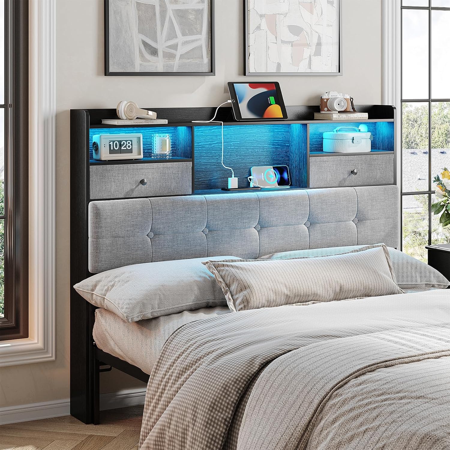 Maupvit Headboard Full Size with Storage, Full Headboard Only with 2 Drawers, Charging Station and LED Lights, Upholstered Headboards Easy Assembly, Black&Grey