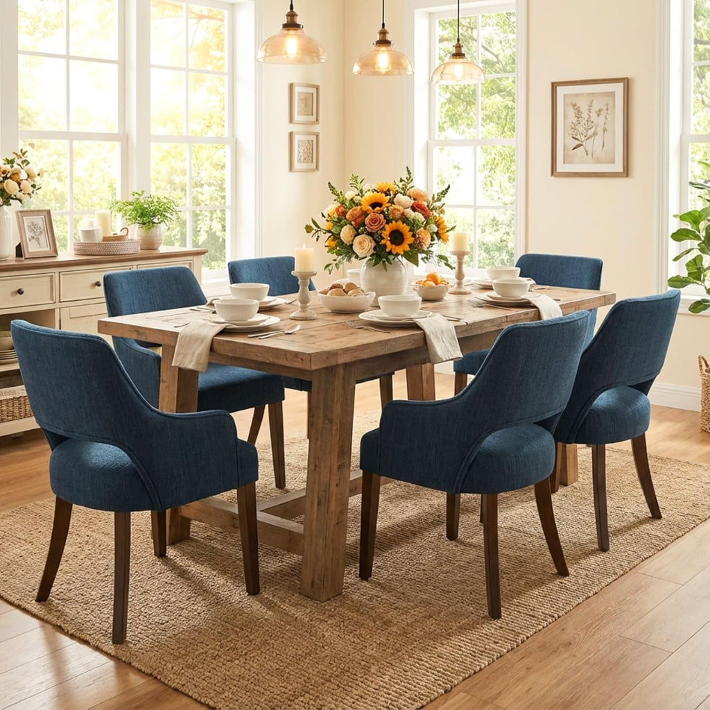 Upholstered Dining Chairs with Arms Set of 6, Linen Fabric Soft Padded Dining Room Chairs, Solid Wood Kitchen Armchairs for Kitchen/Dining/Living Room, Blue