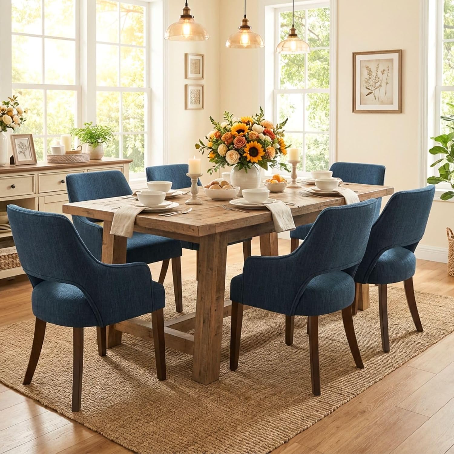 Upholstered Dining Chairs with Arms Set of 6, Linen Fabric Soft Padded Dining Room Chairs, Solid Wood Kitchen Armchairs for Kitchen/Dining/Living Room, Blue