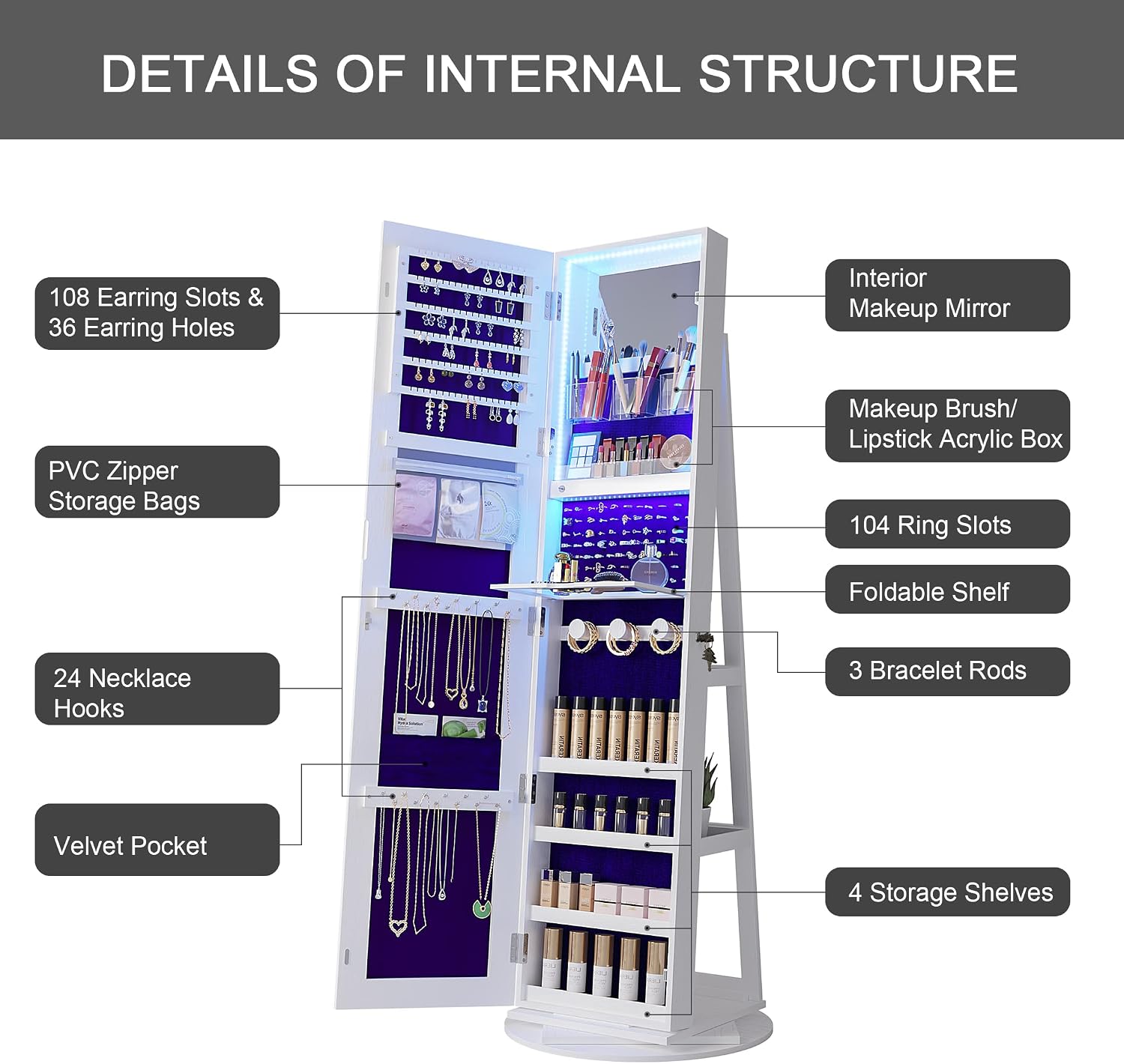 HNEBC LED Light Jewelry Organizer Mirror 360° Rotating, Jewelry Armoire with Door Mirror, Full Length Mirror Jewelry Cabinet, Mirror with Jewelry Storage, Large Jewelry Boxes & Organizers（B_White）