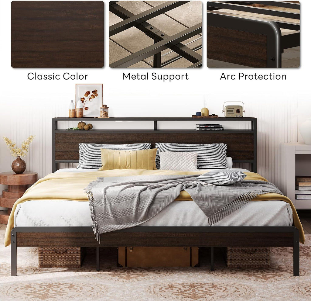 LIKIMIO California King Bed Frame with Headboard, Dark Wood Camas California King with Strong Supports, Sturdy, Noise-Free, No Box Spring Needed, Dark Brown