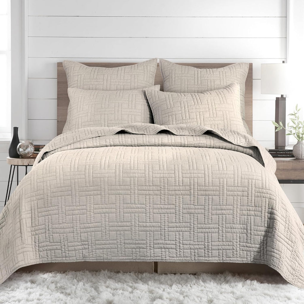 Levtex Home - Melange Stitch Quilt Set - Full/Queen Quilt and Two Standard Shams - Solid Stitched - Natural - Quilt (88x92in.) and Shams (20x26in.) - Reversible - Polycotton Blend