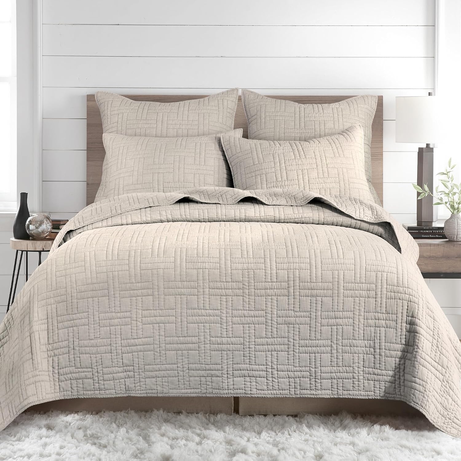 Levtex Home - Melange Stitch Quilt Set - Full/Queen Quilt and Two Standard Shams - Solid Stitched - Natural - Quilt (88x92in.) and Shams (20x26in.) - Reversible - Polycotton Blend