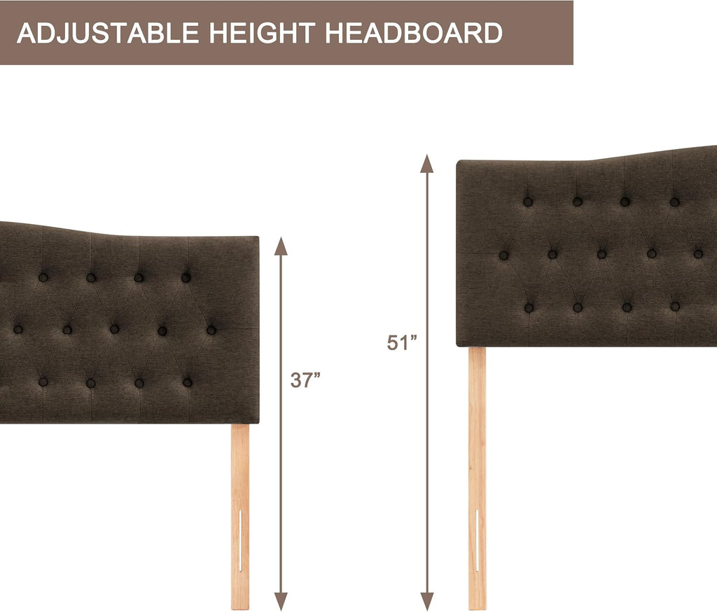 Huatean Home Tufted Upholstered Headboard Full Size, Sturdy and Durable Solid Wood Bed headboard, Fabric Headboard Adjustable Height from 37' to 51', Button Diamond Design Head Board, Chocolate